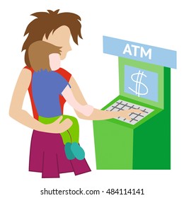 Women with child is using ATM