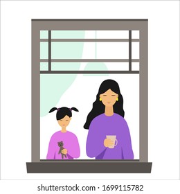 Women with child in the window holds a Cup of tea in her hand.Vector illustration.White background.Isolated.