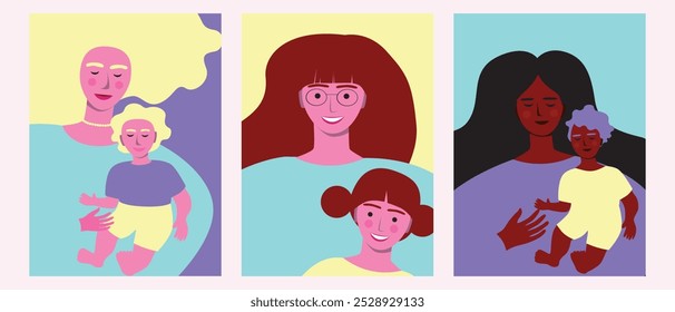 Women with children as childhood and motherhood concept, people different ethnic group, flat vector stock illustration as set