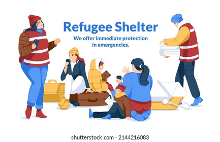 Women and children with luggage in a shelter for refugees. Volunteer help. Management and support. Flat vector illustration