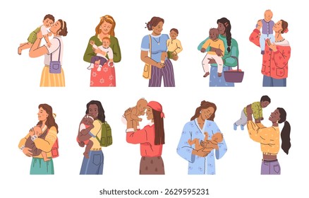 Women with children playing, kissing and holding kids. Vector in flat style, isolated young girls with child carrying on hands or shoulder. Bonding and parenting, spending time together