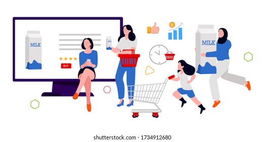 women and children shop for fresh in supermarket milk after seeing advertisements. modern style vector illustration for customer journey concept