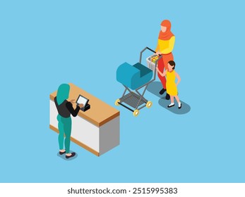 Women and children shopping in a store with a cashier counter and shopping cart 3d isometric vector illustration