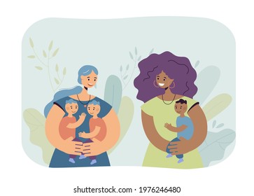 Women with children talking together. Mothers from different countries holding babies flat vector illustration. International communication, family, parenting concept for banner, website design