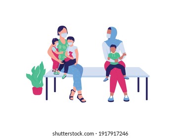 Women with children waiting in hospital flat color vector faceless characters. Line to pediatrics. Queue for clinic appointment isolated cartoon illustration for web graphic design and animation