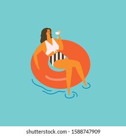 Women chilling on the pool float in the swimming pool, enjoy summer and relax illustration in vector. 