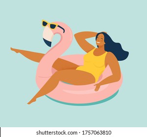 Women chilling on the pool float in the swimming pool, enjoy summer and relax illustration in vector.