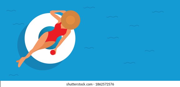 Women chilling on the pool float in the swimming pool, enjoy summer and relax. Vector illustration
