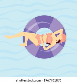 Women chilling on the pool float in the swimming pool, enjoy summer and relax. Vector illustration