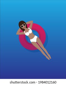 Frauen, die sich auf dem Schwimmbad niederlassen, schwimmen im Pool, genießen den Sommer und entspannen sich. Vektorgrafik