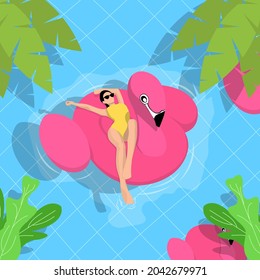 Women chilling on the pool float in the swimming pool, enjoy summer and relax. Pool floating girl vector illustration