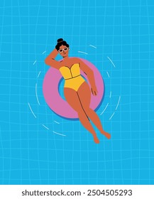 Women chilling on the pool float in the swimming pool, enjoy summer and relax. Vector illustration