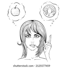 Women choice between healthy and junk food. Vector illustrations in hand drawn sketch doodle style. Line art fast food concept. Element for coloring book page, print. Female cartoon character no diet