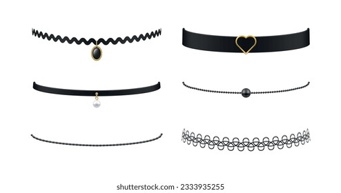 Women chokers accessory for neck with golden and pearl decor element fashion necklace set realistic vector illustration. Female trendy accessories black wicker chain stylish jewelry elegant bijouterie