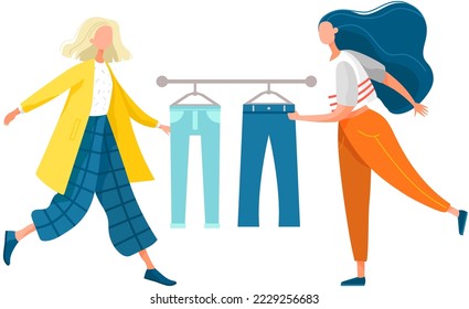 Women choose blue pants for everyday wear in womens clothing store. Person stands near hanger with jeans in clothing market. Fashion designer, teenager girl buys clothes in youth style looks at outfit