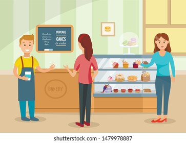 Women Choose Cakes and Buy Coffee at Bakery Shop. Male Seller in Uniform Serves Female Customers. Cartoon People Characters. Confectionery Store Assortment and Interior. Flat Vector Illustration