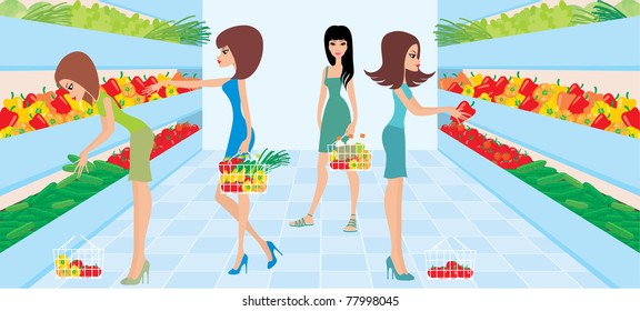 Women choose vegetables in a supermarket. vector, no gradient