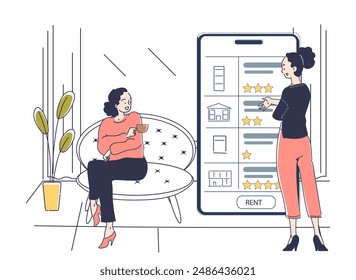 Women choosing apartment. Young girls stand next to smartphone and choose real estate. Agreements with private property. Payment and transfer. Linear vector illustration isolated on white background