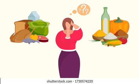 Women choosing between meat and healthy vegetables on vector nature cartoon character health food vegan diet illustration. Women with fish, bread left and groats, corn right. Meal vegetarian concept.