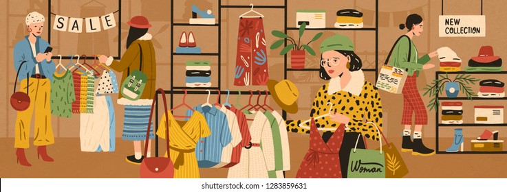 Femmes choisissant et achetant des vêtements élégants dans une boutique de vêtements ou de vêtements. Des femmes achetant des vêtements à la mode au magasin. Mode rapide et marché de masse. Illustration vectorielle de dessin animé à plat.