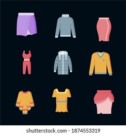 Women choosing and buying stylish clothes at clothing store or apparel boutique. Female customers purchasing trendy garments at shop. Fast fashion and mass market. Flat cartoon vector illustration.