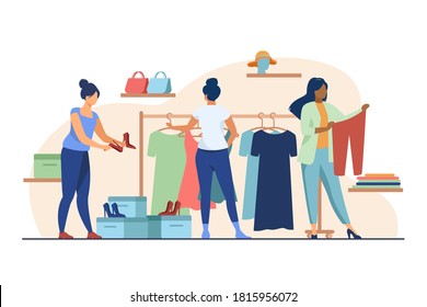 Women choosing clothes in apparel store. Dress, shoes, pants flat vector illustration. Fashion and shopping concept for banner, website design or landing web page