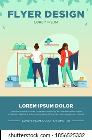 Women choosing clothes in apparel store. Dress, shoes, pants flat vector illustration. Fashion and shopping concept for banner, website design or landing web page