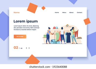 Women choosing clothes in apparel store. Dress, shoes, pants flat vector illustration. Fashion and shopping concept for banner, website design or landing web page