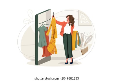 Women choosing clothes in the online shop Illustration concept. Flat illustration isolated on white background.