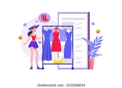 Women choosing clothes in the online shop Illustration concept. Flat illustration isolated on white background.