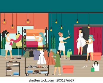 Women choosing fabric, trying on dress, flat vector illustration. Sewing workshop, studio interior. Tailoring business.