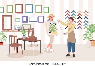 Women choosing frame for abstract painting drawn on canvas in art store vector flat illustration. Picture frame shop interior design with domestic plants in pots, table, chairs and frames.