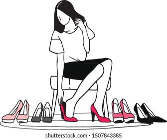 Women choosing high-heeled shoes. Simpli vector illustration. 