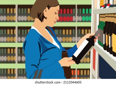 women choosing the right wine on store with blurred background of alcohol bottles raw. Customer buy beverages, girl with short hair shopping at hypermarket