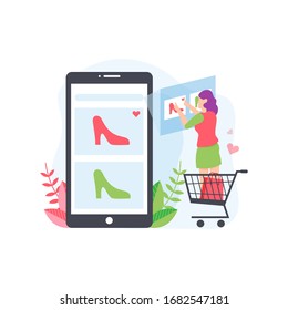 Women choosing shoes on mobile phone . Vector Illustration for Web Page, mobile app, banner etc.