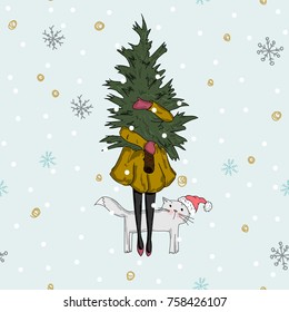  Women with Christmas tree. Winter girl with Kitten Pet. Greeting Card Happy New Year and Merry Christmas 