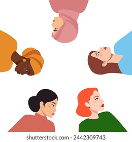 Mujeres en círculo. Grupo de mujeres de diferentes nacionalidades y religiones. Concepto de feminismo, lucha por los derechos de las mujeres. Empoderamiento femenino, conceptos de igualdad de género. Banner vectorial, póster, tarjeta