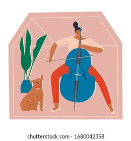 Women citing at home and playing violoncello with dog listening the music. Hobbies and social distancing activities during virus epidemic quarantine illustration in vector. 