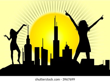 Women City Silhouettes - Vector Illustration