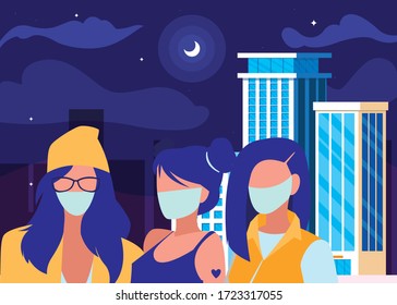 Women in the city wearing face mask vector illustration design