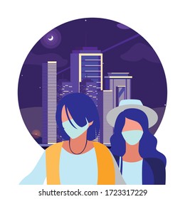 Women in the city wearing face mask vector illustration design