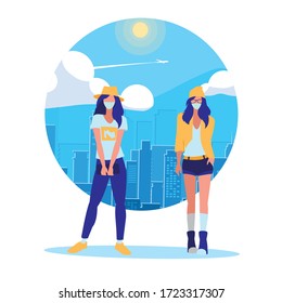 Women in the city wearing face mask vector illustration design