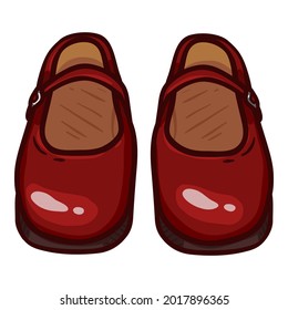 Women Clasp Shoes of Red Leather. Cartoon Illustration of Vintage Female Footwear