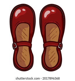 Women Clasp Shoes of Red Leather. Cartoon Illustration of Vintage Female Footwear