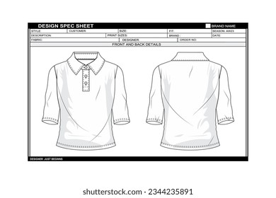 WOMEN CLASSIC POLO NECK QUARTER SLEEVE T SHIRT DRAWING SKETCH PATTERN TEMPLATE