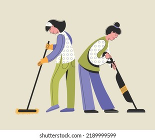 Women cleaning floor with the mop and vacuum. Women workers of cleaning company. Home cleaning concept.