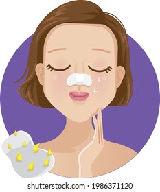 Women cleansing skin. She using  cleansing  mask to get rid of the blackheads on her nose.