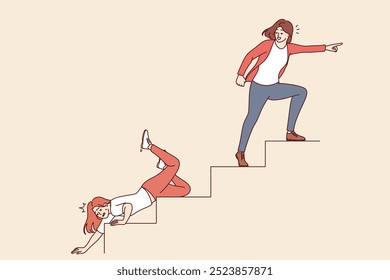 Women climb career ladder and achieve success or fall down, tormented from failure. Career ladder becomes insurmountable obstacle for weak person suffering from laziness or lack of motivation