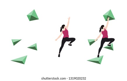 Women climb on a climbing wall in a climbing gym isolated on a white background. Vector illustration.
