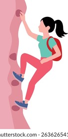 Women climber characters enjoying healthy physical activity climbing rock wall. Climbing Wall. Women climbing mountain wall sign. Extreme sport symbol. 
